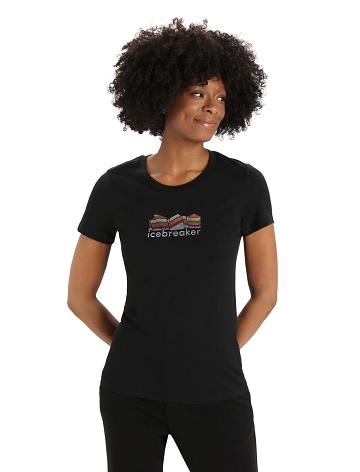 Black Icebreaker Merino Tech Lite II Short Sleeve Mountain Geology Women's T Shirts | AU 1610KORI